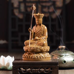 Wooden Sitting Ksitigarbha Bodhisattva Statue, Dizang Statue Feng Shui, Meditation Decor, Buddha Statue Small for Home, Buddha Gifts image 6