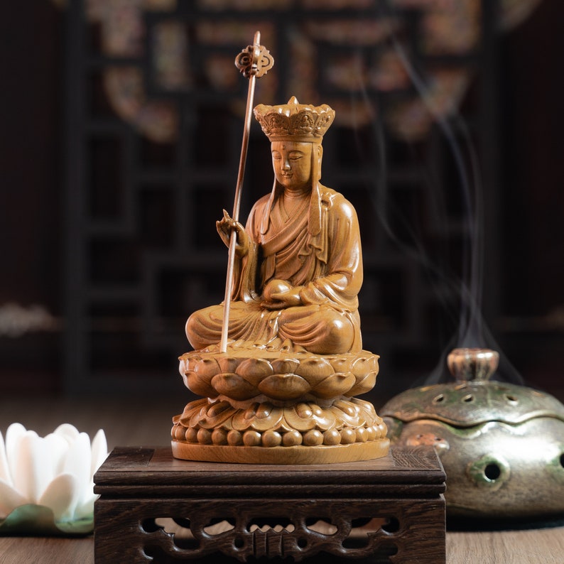 Wooden Sitting Ksitigarbha Bodhisattva Statue, Dizang Statue Feng Shui, Meditation Decor, Buddha Statue Small for Home, Buddha Gifts image 6