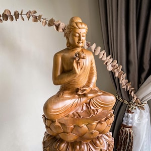 Wooden Sitting Gautama Buddha Statue Holding Lotus, Shakyamuni Buddha 11.8 inches, Buddhist Figurines, Buddha Statue for Home Decor