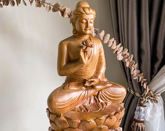 Wooden Sitting Gautama Buddha Statue Holding Lotus, Shakyamuni Buddha 11.8 inches, Buddhist Figurines, Buddha Statue for Home Decor