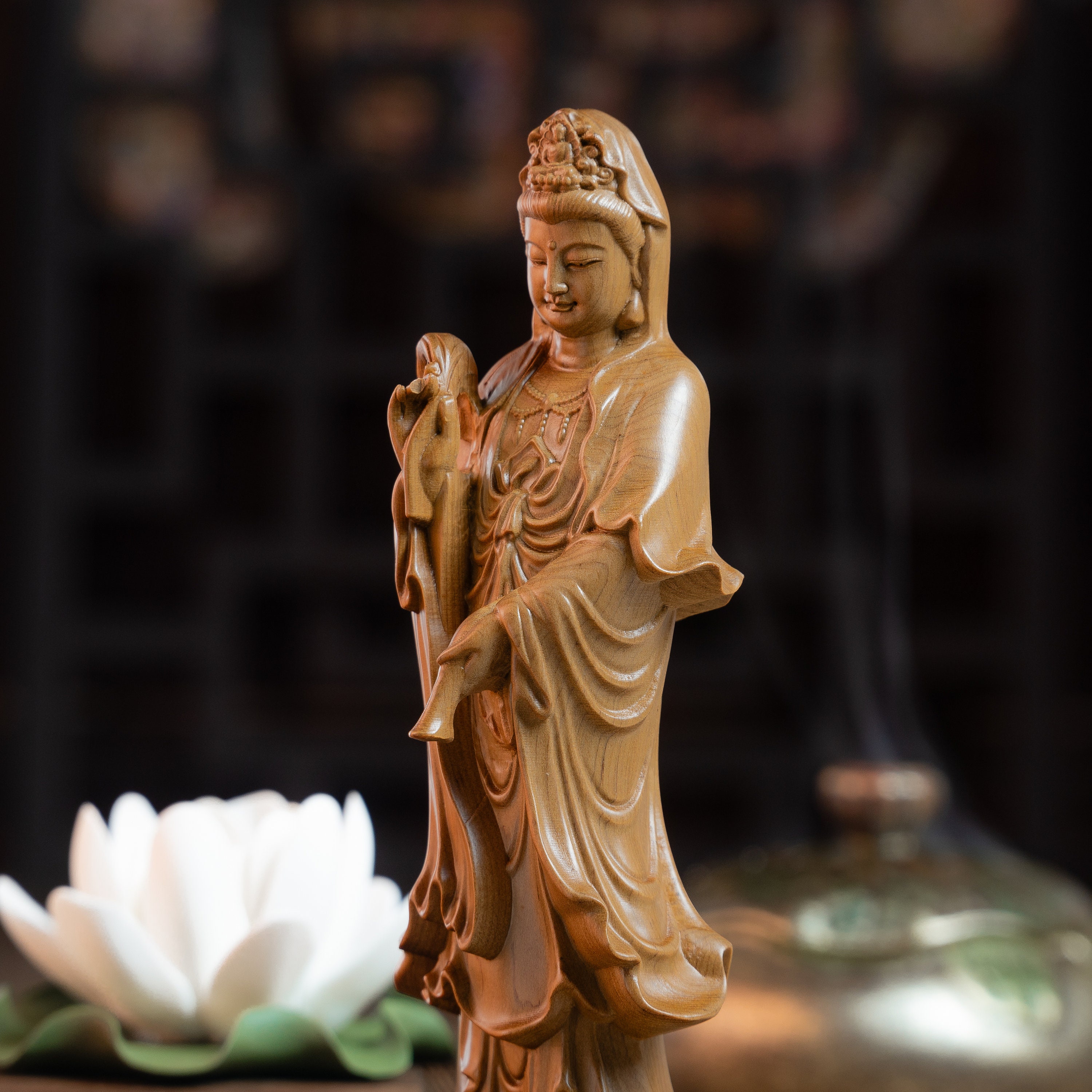 玉如意 天然木  稀少品 重厚 極細工 工芸品 美術品 置物 Wooden Guan Yin Bodhisattva Statue, Kwan Yin, Quan Yin, Kuan