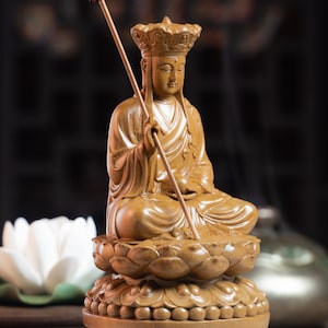 Wooden Sitting Ksitigarbha Bodhisattva Statue, Dizang Statue Feng Shui, Meditation Decor, Buddha Statue Small for Home, Buddha Gifts image 4
