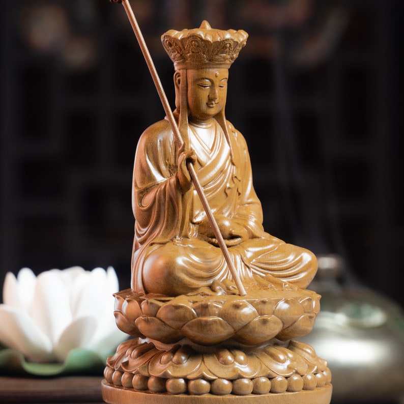 Wooden Sitting Ksitigarbha Bodhisattva Statue, Dizang Statue Feng Shui, Meditation Decor, Buddha Statue Small for Home, Buddha Gifts image 4