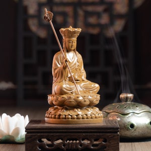 Wooden Sitting Ksitigarbha Bodhisattva Statue, Dizang Statue Feng Shui, Meditation Decor, Buddha Statue Small for Home, Buddha Gifts image 8