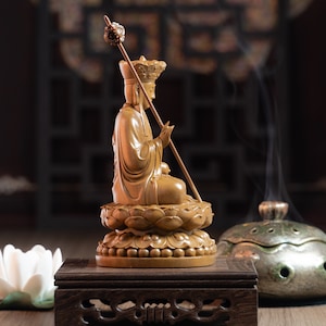 Wooden Sitting Ksitigarbha Bodhisattva Statue, Dizang Statue Feng Shui, Meditation Decor, Buddha Statue Small for Home, Buddha Gifts image 7
