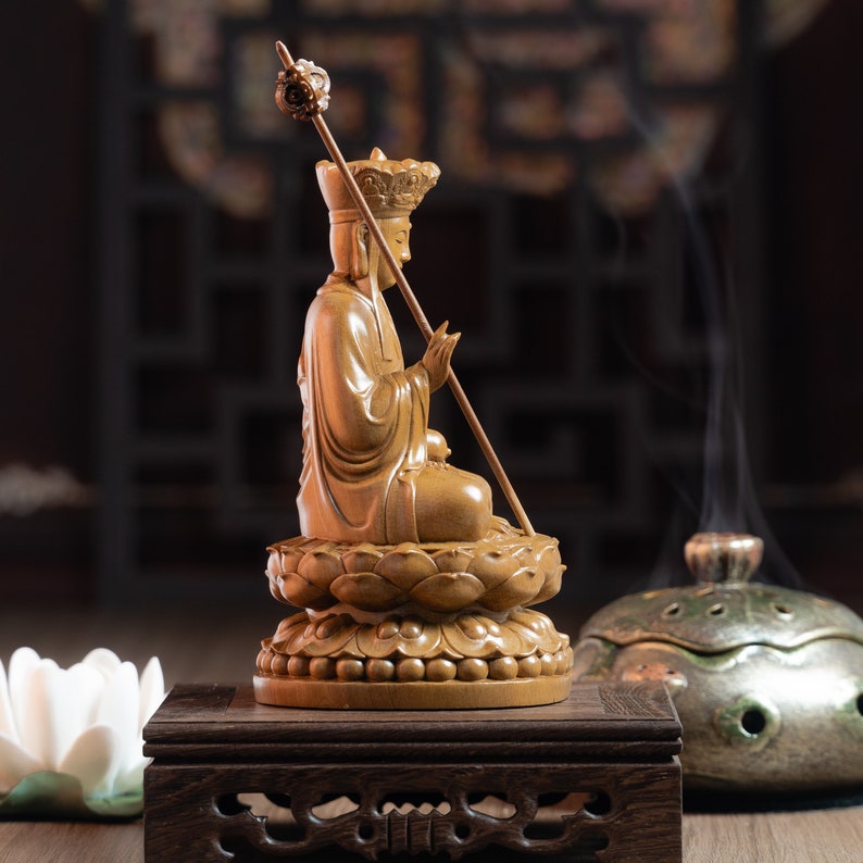 Wooden Sitting Ksitigarbha Bodhisattva Statue, Dizang Statue Feng Shui, Meditation Decor, Buddha Statue Small for Home, Buddha Gifts image 7