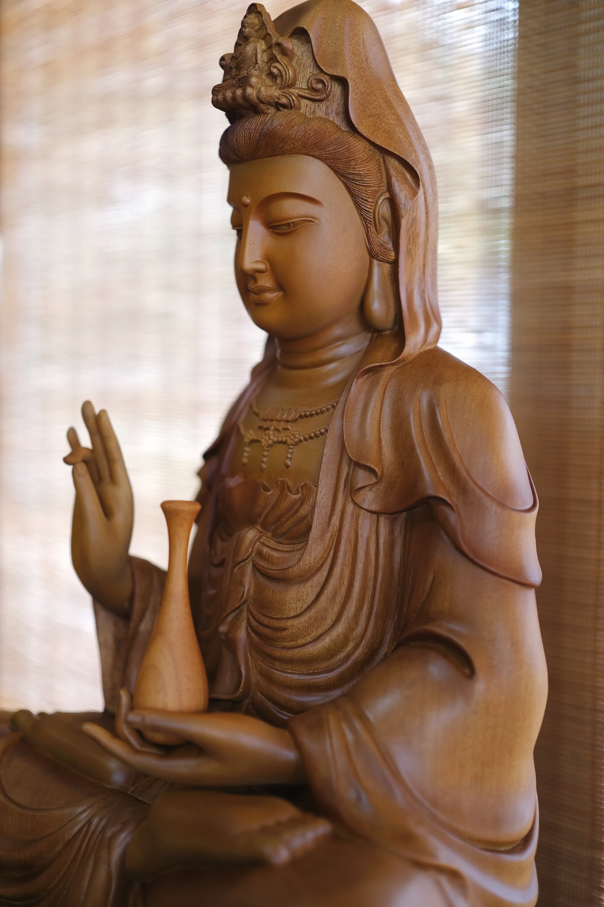 木製座像観音菩薩像、観音像、観音像、風水、家庭用仏像、瞑想装飾