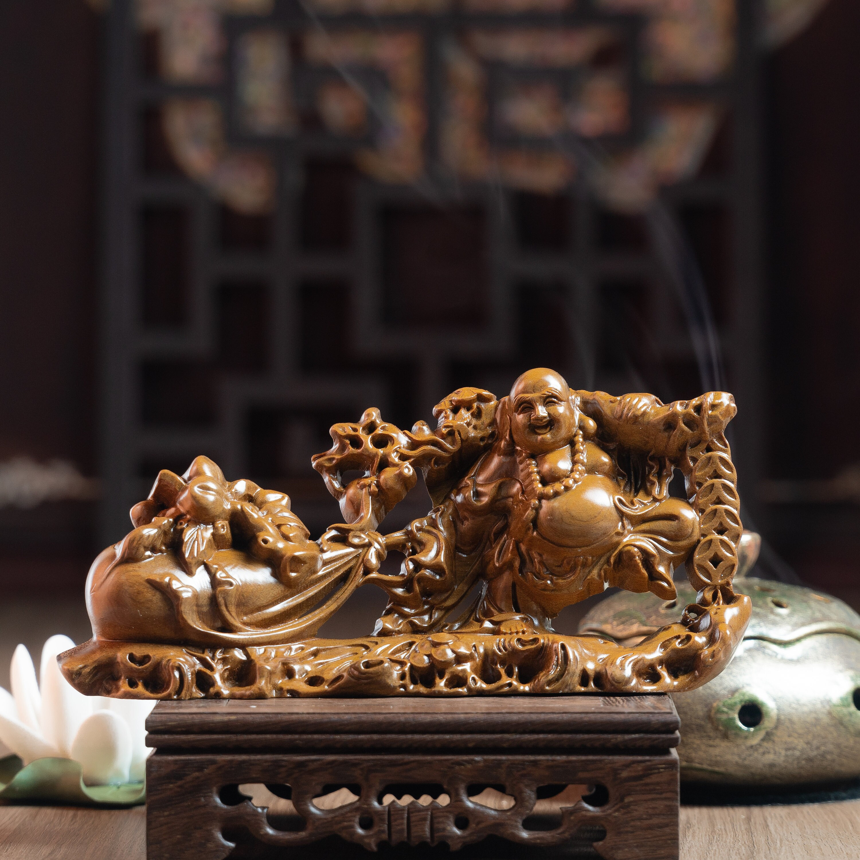 Maitreya Laughing Buddha Pull Money Bag Statue, Wooden Happy