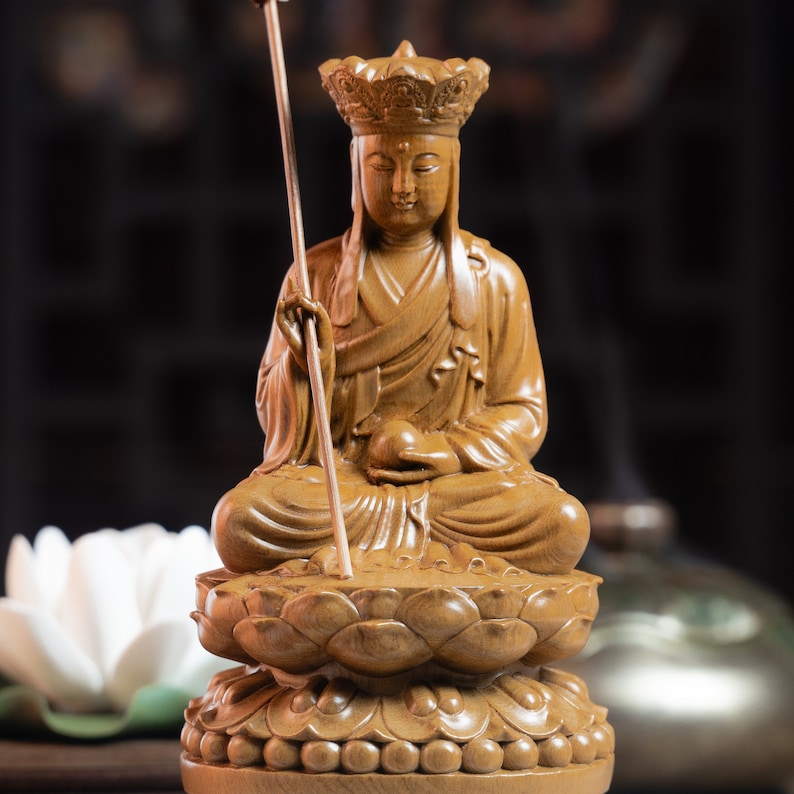 Wooden Sitting Ksitigarbha Bodhisattva Statue, Dizang Statue Feng Shui, Meditation Decor, Buddha Statue Small for Home, Buddha Gifts image 2