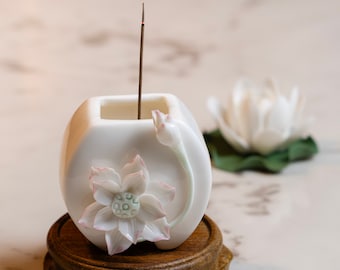 Ceramic Incense Burner with Lotus Flowers Decor, Incense Holder for Altar, Meditation Room, Zen Decor