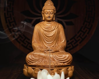 Wooden Gautama Buddha Statue with Lotus Base, Shakyamuni Meditating Buddha, Spiritual Decor, Feng Shui Gifts, Buddha Statues for Home