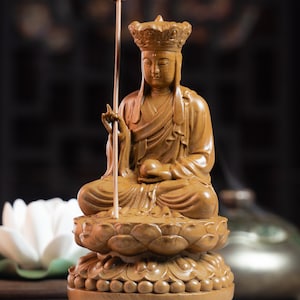 Wooden Sitting Ksitigarbha Bodhisattva Statue, Dizang Statue Feng Shui, Meditation Decor, Buddha Statue Small for Home, Buddha Gifts image 5