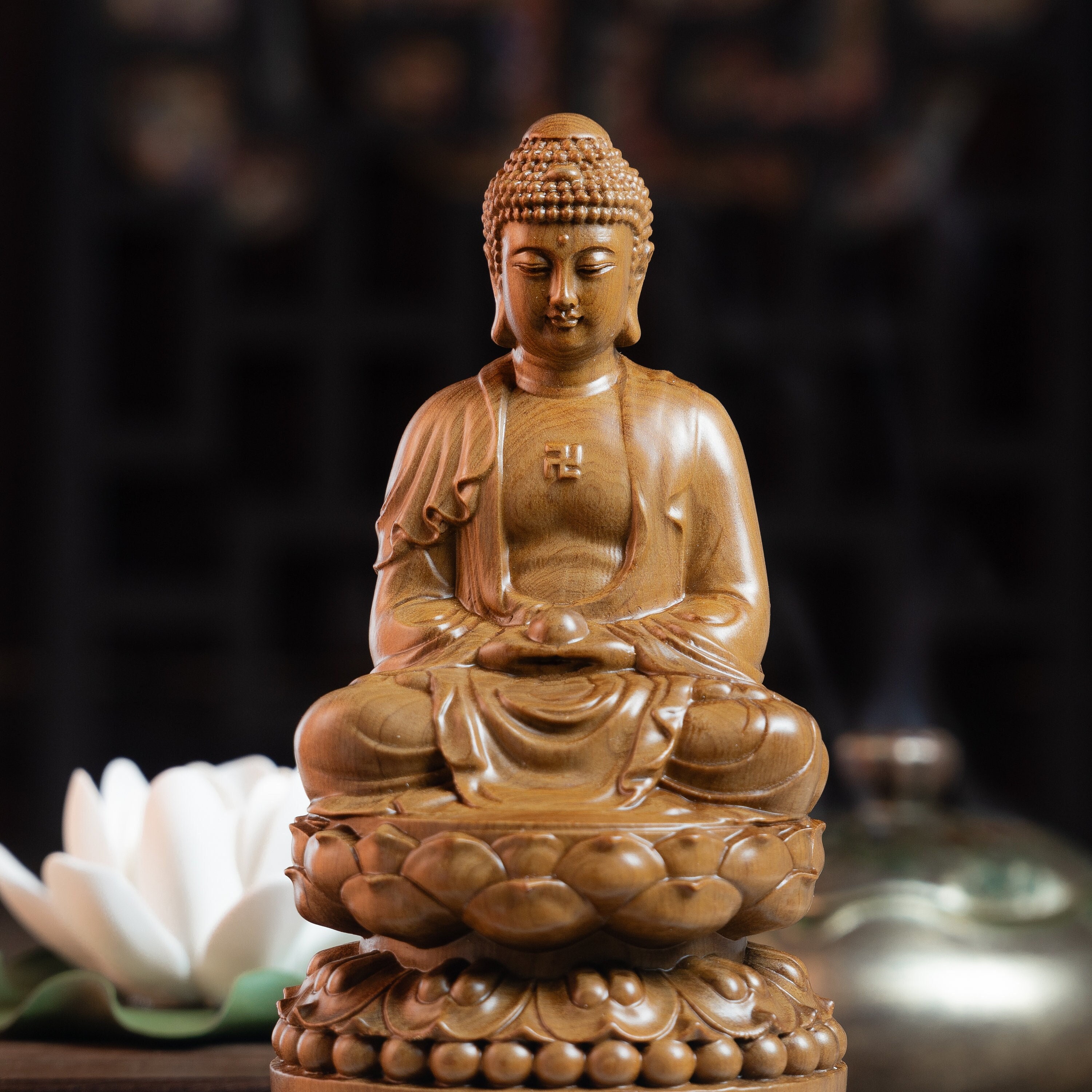 Wooden Sitting Amitabha Buddha Statue, Buddhist Art Feng Shui