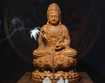 Wooden Sitting Guan Yin Bodhisattva on Lotus Statue, Kwan Yin, Quan Yin, Kuan Yin Statue Feng Shui, Small Buddha for Home Decor