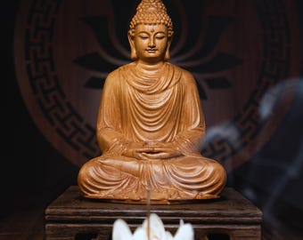 Estatua de madera de Buda Gautama sentado, Buda Shakyamuni meditando, decoración espiritual, regalos Feng Shui, estatuas de Buda para el hogar