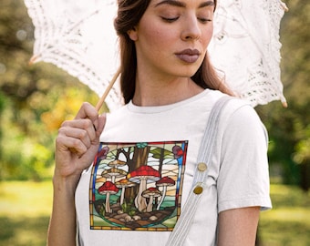 Cottage Core Mushroom Art Tee - Camiseta de algodón sostenible con temática forestal para mujer, regalo para ella