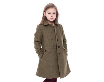 Lussuoso cappotto in lana con isolamento in lana - Naturale e traspirante - Giacca outwear classica minimalista per ragazze - Colore verde kaki - Taglie 5-8 anni