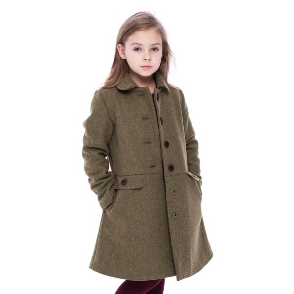 Manteau en laine luxueux avec isolation en laine - Naturel et respirant - Veste d'extérieur minimaliste classique pour fille - Vert kaki - Tailles 5-8 ans