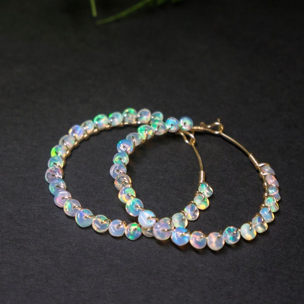 Ethiopian opal hoop earrings, large statement hoop earrings, October birth stone, Mothers day gift, gift for her, best friend gift