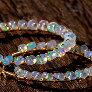 Handmade Faceted Ethiopian Opal Hoop Earrings: Gold-Filled/ sterling silver Wire Wrapped