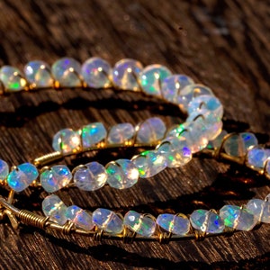 handmade facet opal hoop earrings, wire wrapped Ethiopian opal earrings, October birth stone, beadwork