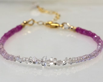 Ombre pink sapphire and Herkimer diamond gold bracelet, March, September birth stone, mothers day gift, gift for her, bead work.