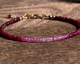 Ombre ruby bracelet, July birthstone, 14k gold and silver ombre pink bracelet, handmade gift for women.