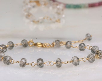 Black rutile quartz rosary gold filled bracelet, black tourmalinzed quartz bracelet,  mothers day gift, healing jewelry, best friend gift