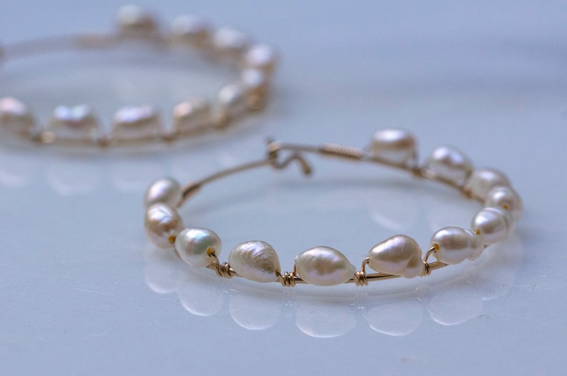 Baroque hoop earrings, gold filled pearl earrings, mothers day gift, gift for her, silver hoop, June birthstone image 3