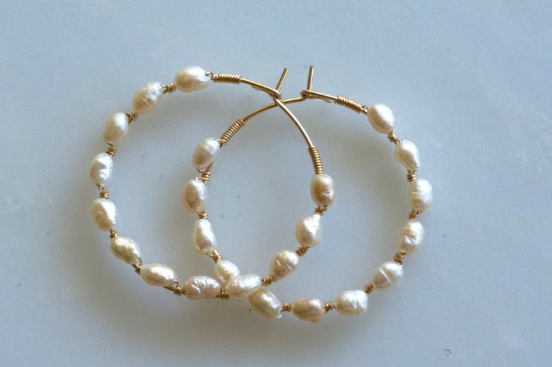 Baroque hoop earrings, gold filled pearl earrings, mothers day gift, gift for her, silver hoop, June birthstone image 2