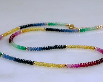 Multi-gemstone 14k gold necklace, sapphire, ruby, emerald beads gold necklace, Multi-strand bracelet, Mother's Day gift