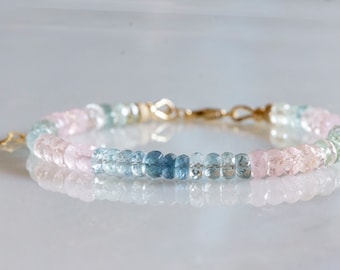 Aquamarine morganite gold bracelet, March birth stone, gift for her, best friend gift, mothers day gift, beaded bracelet