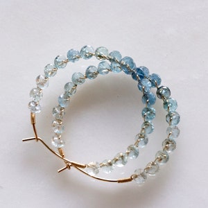 Ombre aquamarine hoop earrings, wire wrapped blue aquamarine earrings, March birth stone