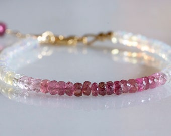 Ombre pink tourmaline and Ethiopian opal gold  bracelet, October birth stone, mothers day gift, gift for her, bead work.