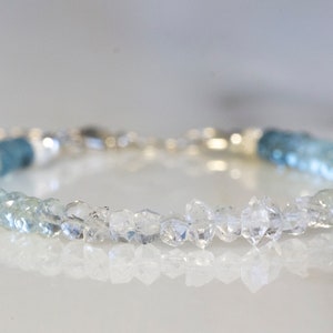 Herkimer diamond and aquamarine sterling silver ombre bracelet, 14k gold March birthstone, mothers day gift,  healing jewelry,