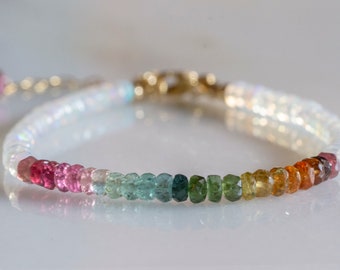 Tourmaline and Ethiopian opal gold  bracelet, rainbow gemstone silver bracelet, October birth stone, mothers day gift, bead work