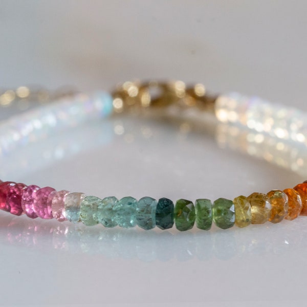 Tourmaline and Ethiopian opal gold  bracelet, rainbow gemstone silver bracelet, October birth stone, mothers day gift, bead work