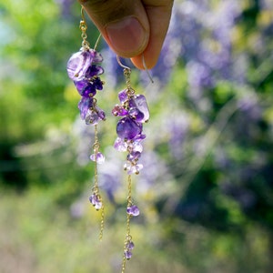 wisteria amethyst earrings, long gold filled bead earring, mother's day gift, February birth stone, gift for her, best friend gift