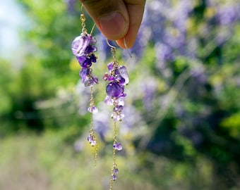 Boucles d'oreilles en améthyste de glycine, longue boucle d'oreille en perles d'or, cadeau de fête des mères, pierre de naissance de février, cadeau pour elle, cadeau de meilleure amie