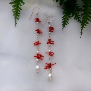 Long Red Coral Earrings: Freshwater Pearl Dangle, Gold-Filled Wire