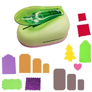 May include: A green and pink paper punch with a variety of paper shapes, including a tree, hearts, tags, and squares. The punch is used to create decorative shapes for crafts and scrapbooking.
