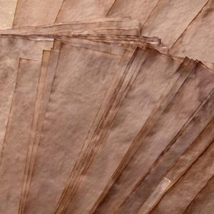 Pode incluir: Uma pilha de folhas de papel envelhecidas, em tons sépia. O papel tem uma aparência texturizada com bordas marrons escuras e variações sutis de cor, sugerindo uma estética antiga ou vintage. As folhas estão em leque, revelando suas camadas individuais.