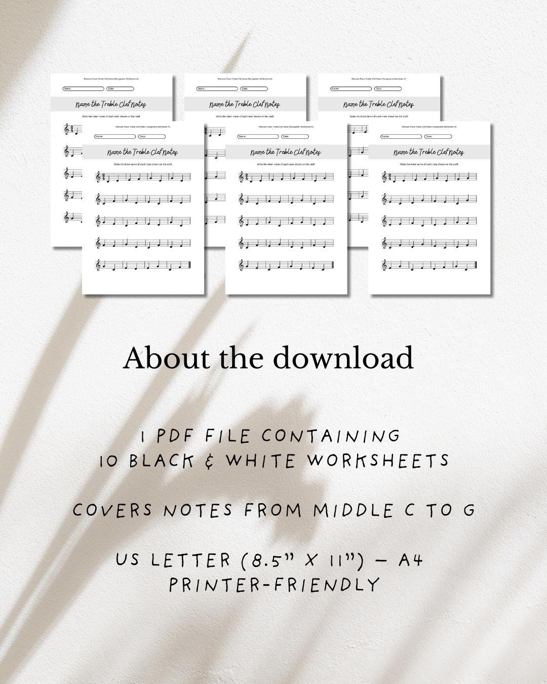 Piano Note Reading Worksheets | Treble Clef Middle C-G (PDF Download ...