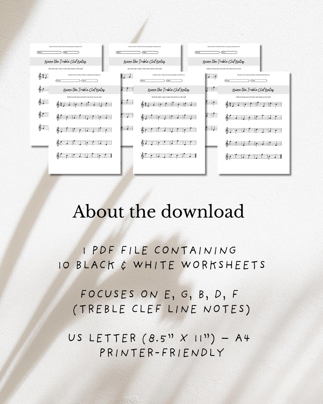 Treble Clef Line Notes Worksheets | Piano Note Reading E G B D F | 10 ...