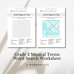 Könnte beinhalten: Zwei weiße Arbeitsblätter mit Wortsuchrätseln für musikalische Begriffe der 2. Klasse. Die Arbeitsblätter haben ein Raster aus Buchstaben mit musikalischen Begriffen zum Finden. Der Titel "Grade 2 Musical Terms Word Search Worksheet" steht darunter.