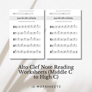 May include: Two white educational worksheets titled Name the Alto Clef Notes with blank fields for name and date. Each page features five musical staves with alto clef symbols and black note heads for students to identify notes from Middle C to High C.