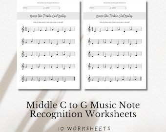 May include: Two white worksheets with musical notation and the text "Name the Treble Clef Notes." Below, the text "Middle C to G Music Note Recognition Worksheets" and "10 WORKSHEETS" are displayed in black font.