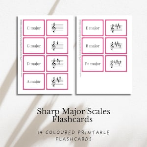 May include: Two sets of flashcards with musical notation and key signatures, labelled with major keys such as C major, G major, and E major. The cards have pink borders and are on a white background. Text at the bottom reads "Sharp Major Scales Flashcards".