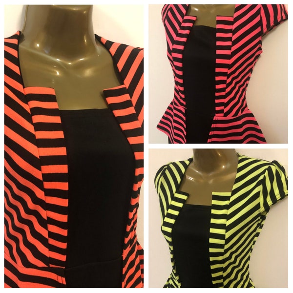 80s 90s style neon striped mini dresses with peplum 6 8 10 12