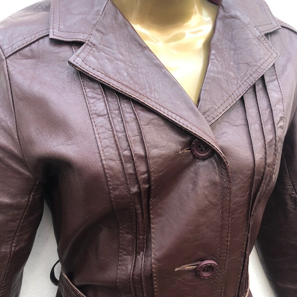 Vintage 70s 80s longer length leather coat with belt xs s 8 10